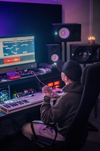 a man sitting in front of a computer in a recording studio
